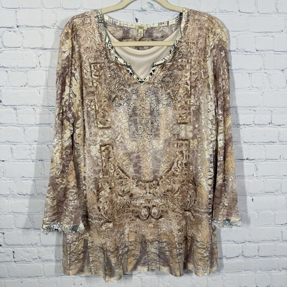 Reba Tunic Women Plus 1X Long  Bell Sleeve Lace Embroidery Boho Fairy Artsy Top